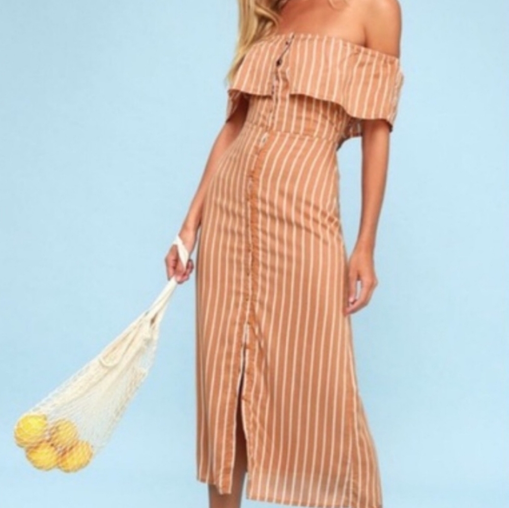 the Amuse Society Roundabout Light Brown Striped Button-Up Off-the-Shoulder Dres
